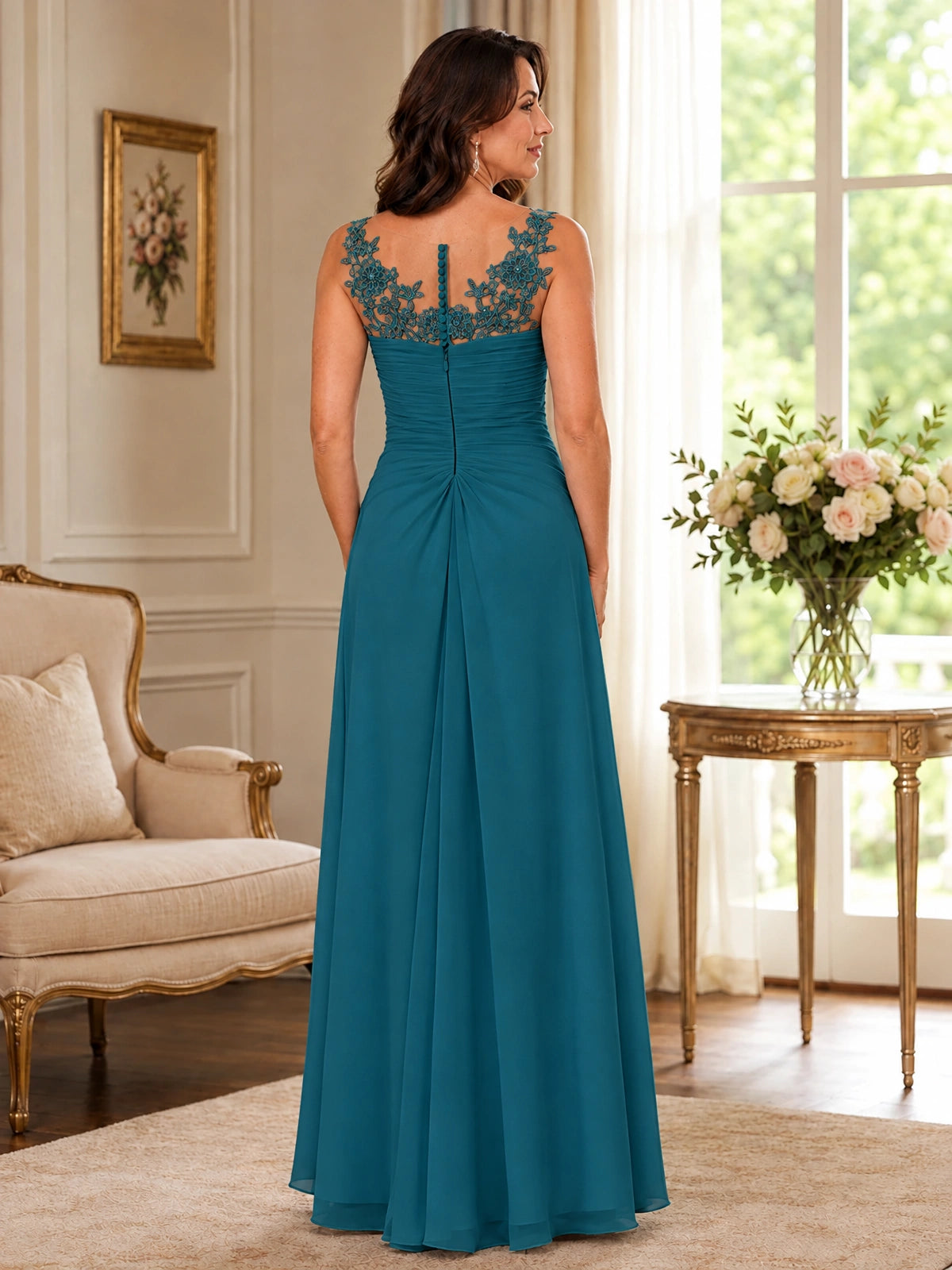 Elegant Chiffon Mother of the Bride Dress with Lace Applique and Cape Sleeves