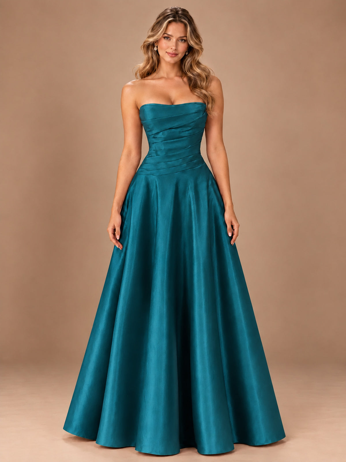Blush Pink Strapless Satin A-Line Prom Dress with Ruched Bodice