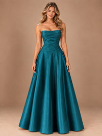 Blush Pink Strapless Satin A-Line Prom Dress with Ruched Bodice