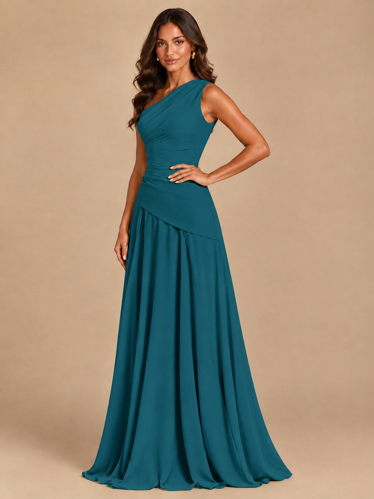 One Shoulder Prom Dress A-line Ruched Women Wedding Formal Gowns