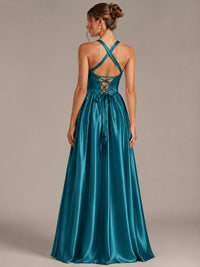 Light Yellow Halter Neck Satin A-Line Maxi Dress with Pockets