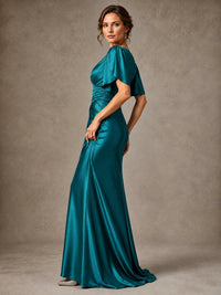 V-Neck Satin Mother of the Bride Dress with Flutter Sleeves