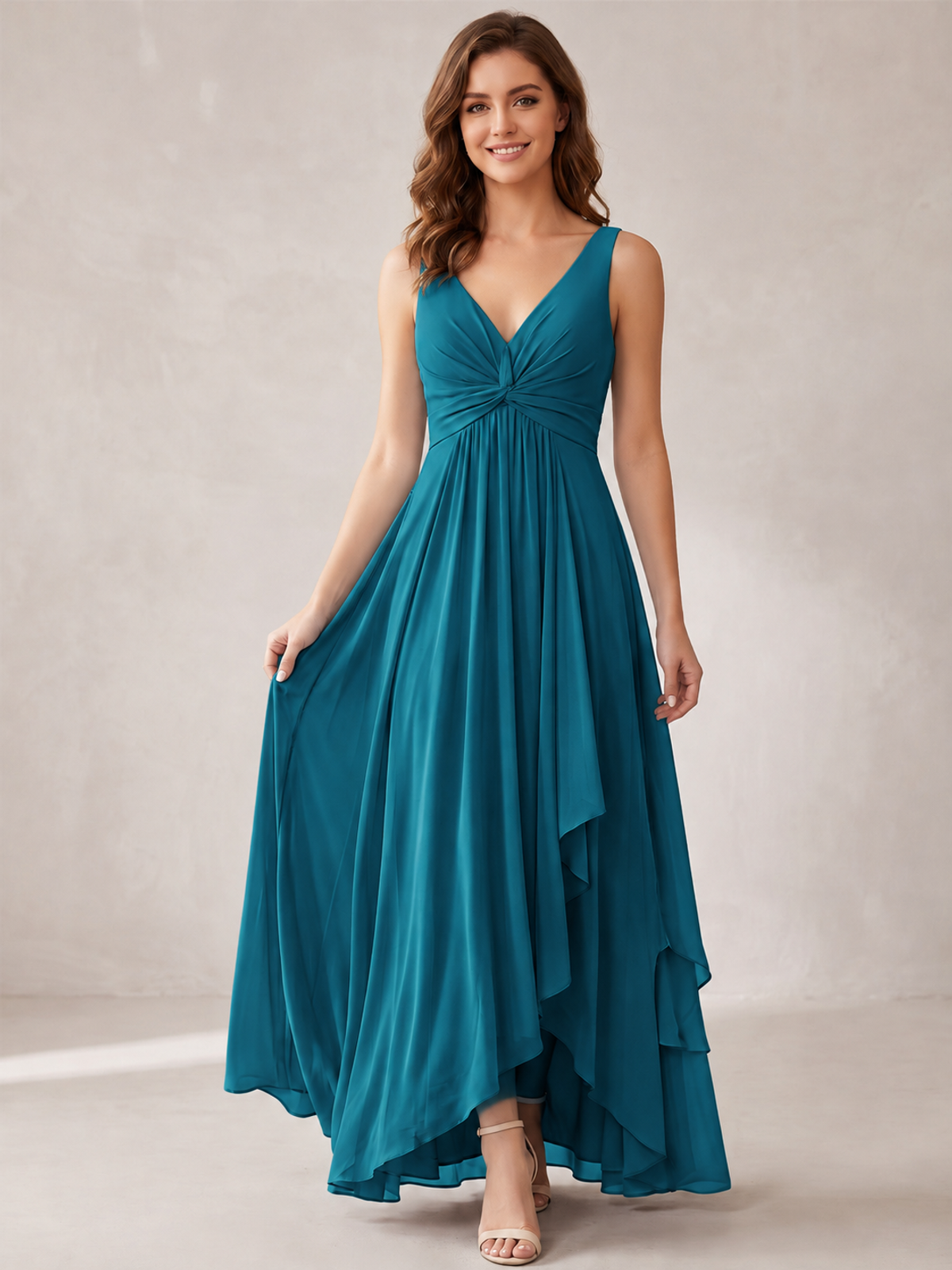 V-Neck High-Low Chiffon Bridesmaid Dress with Ruffles