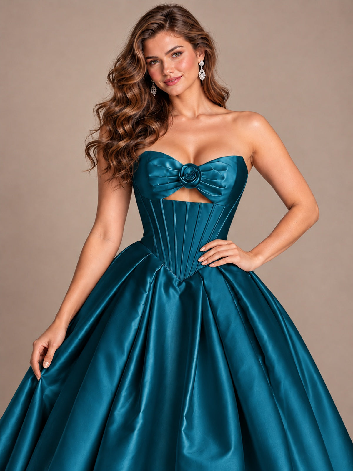 Pink Strapless Corset Satin Prom Derss & Ball Gown with 3D Floral
