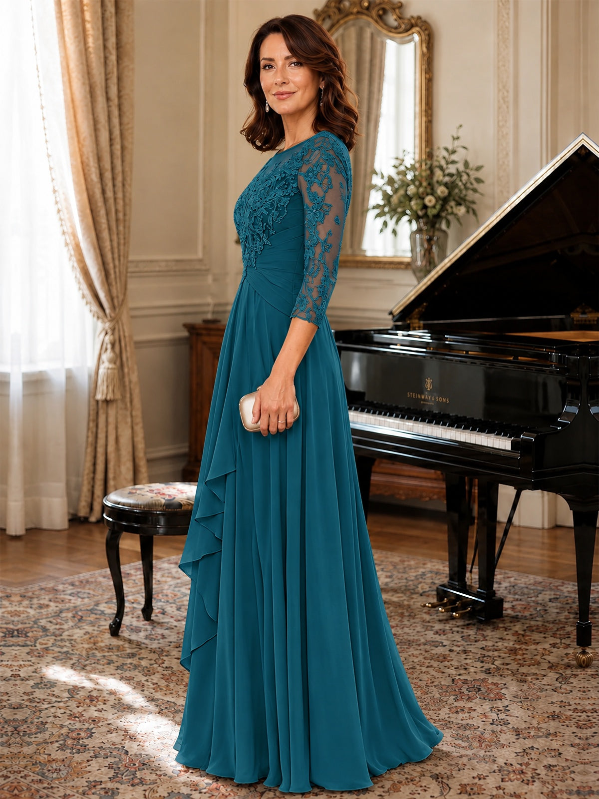 A-Line Chiffon Mother of the Bride Dress with Floral Applique 3/4 Sleeves