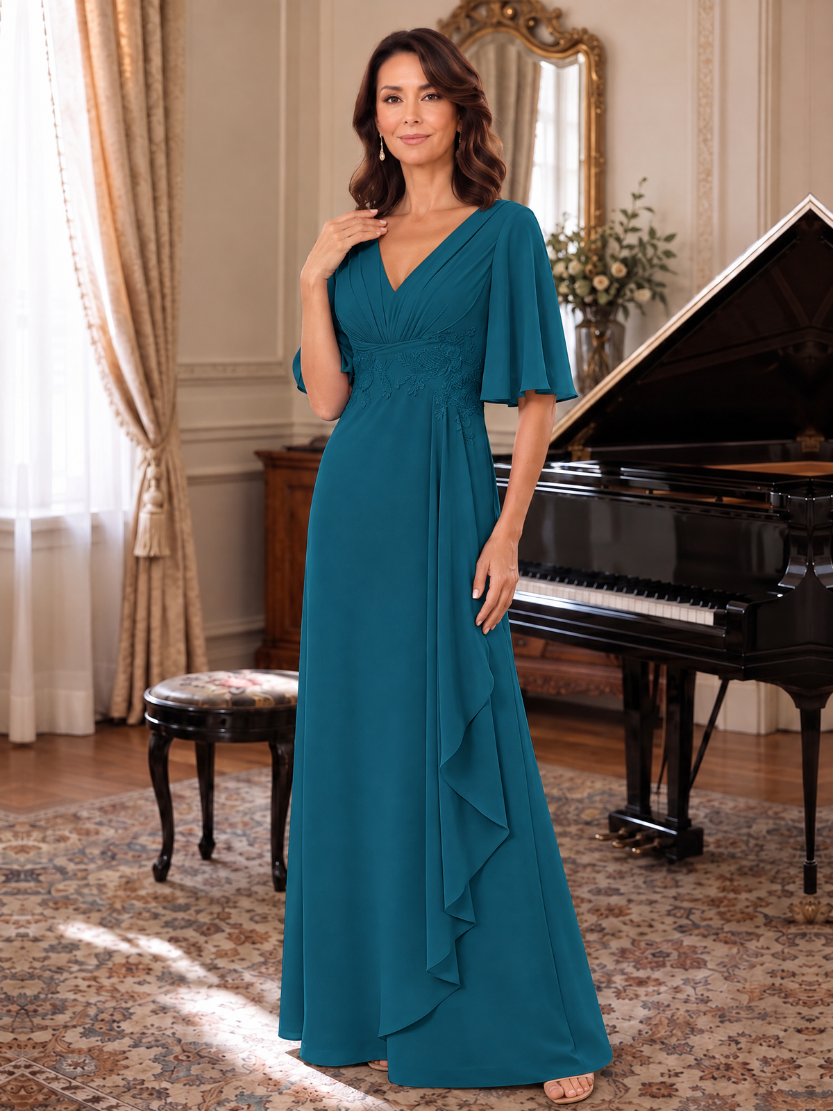 V-Neck Chiffon Lace Mother of the Bride Dresses