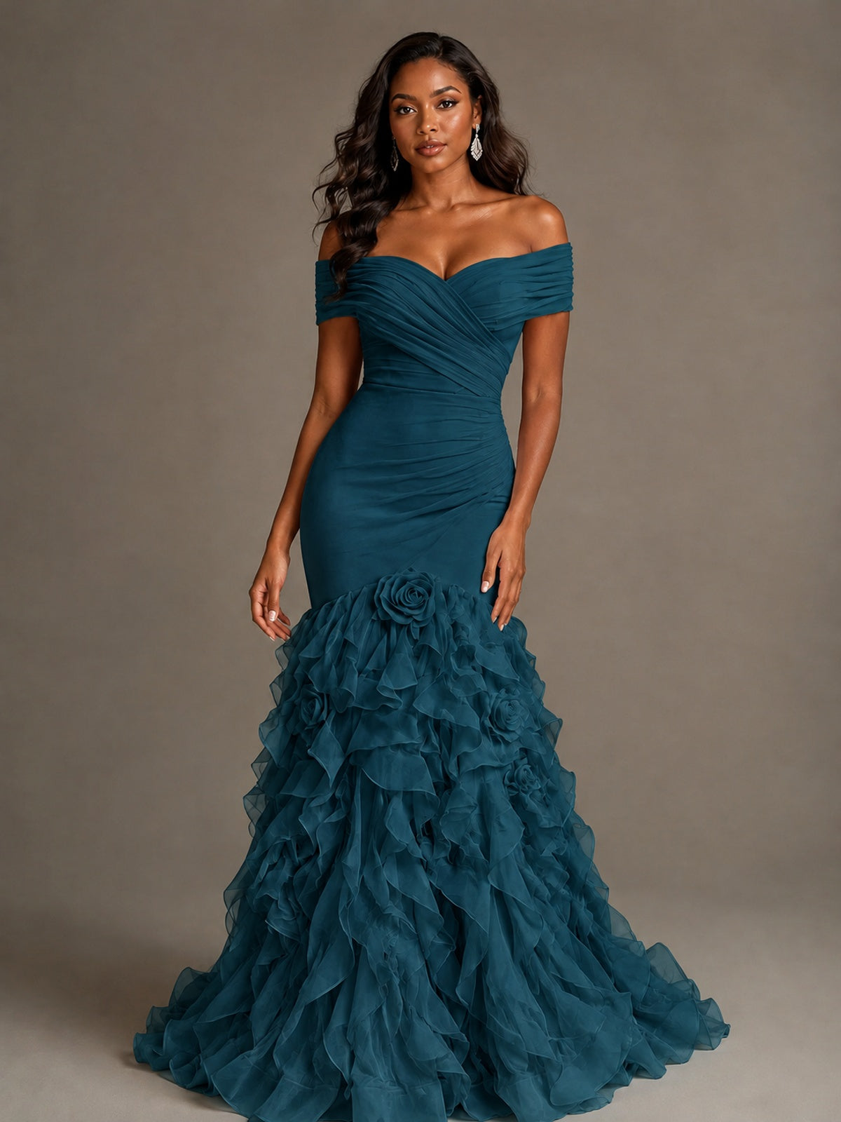 Pink Off-the-Shoulder Mermaid Prom Dress with Ruffles 3D Flowers