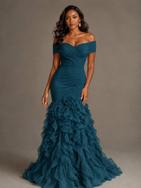 Pink Off-the-Shoulder Mermaid Prom Dress with Ruffles 3D Flowers