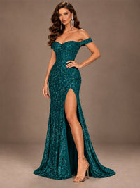Off the Shoulder Corset Sequin Mermaid Prom Dress with Slit