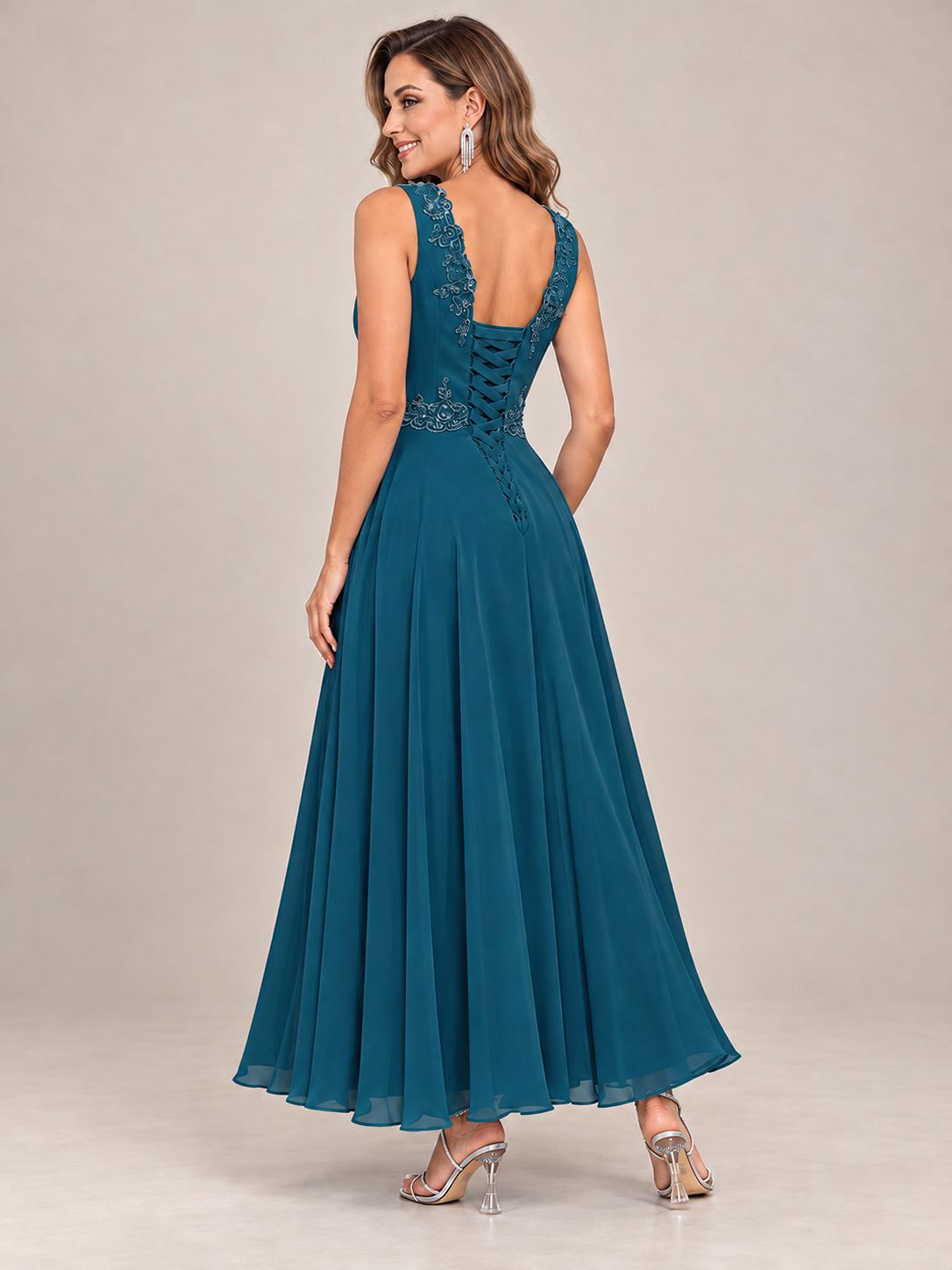 Dusty Blue Floral Lace Chiffon Mother of the Bride Dress with Jacket