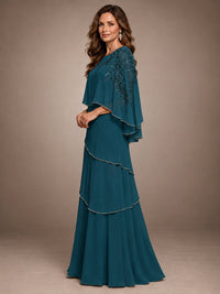 Elegant Chiffon Cape Sleeve Beaded Mother of the Bride Dress