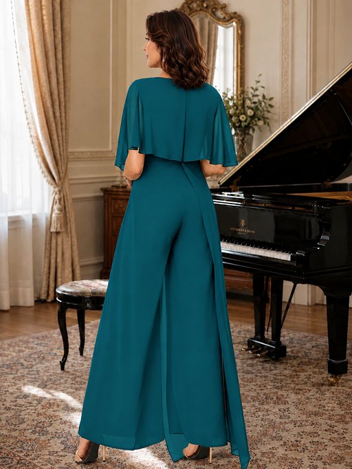 Chiffon Mother of the Bride Jumpsuit with Layered Cape Sleeves