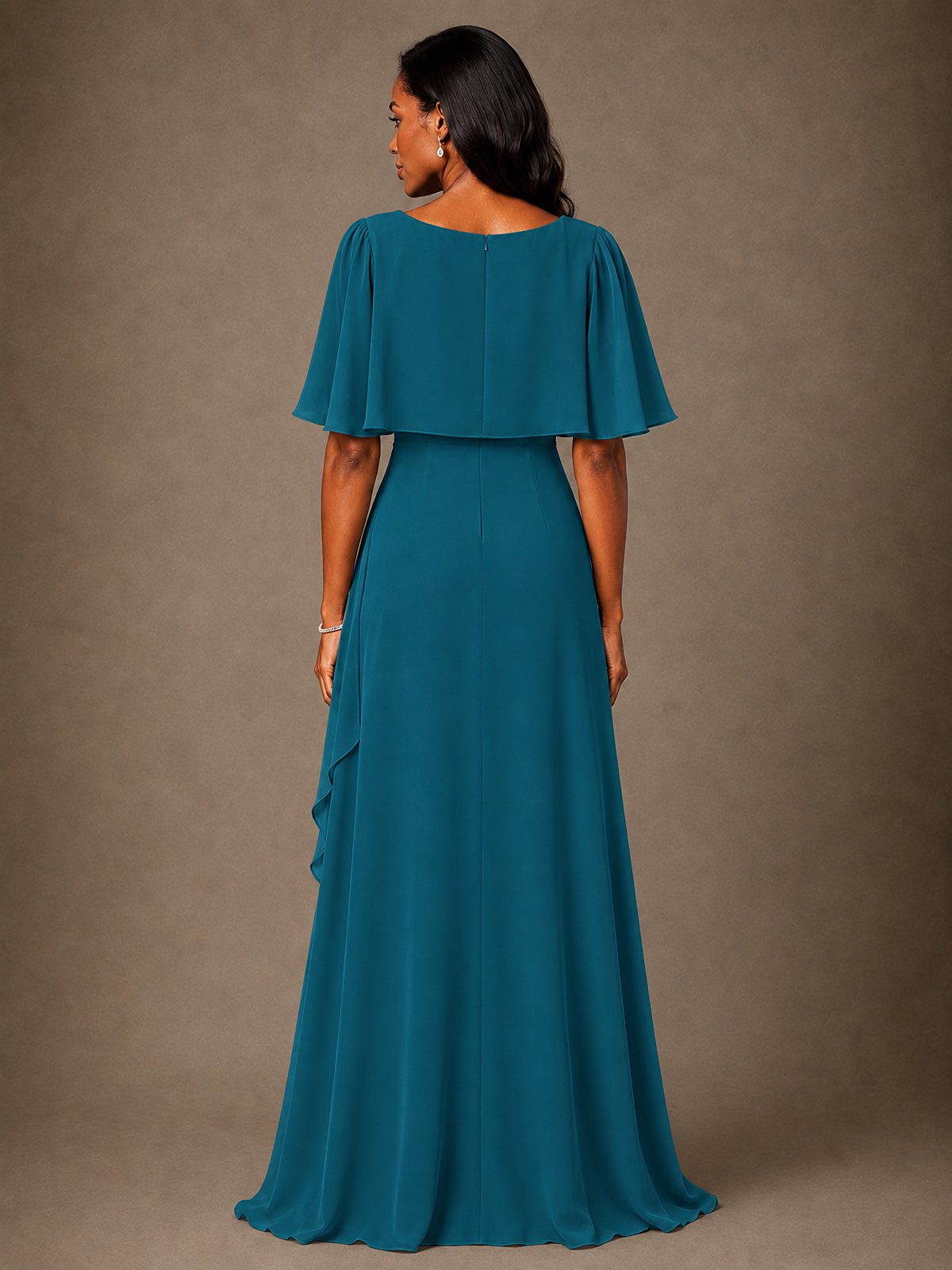 Taupe Chiffon A-Line Mother of the Bride Dress with Cape Sleeves