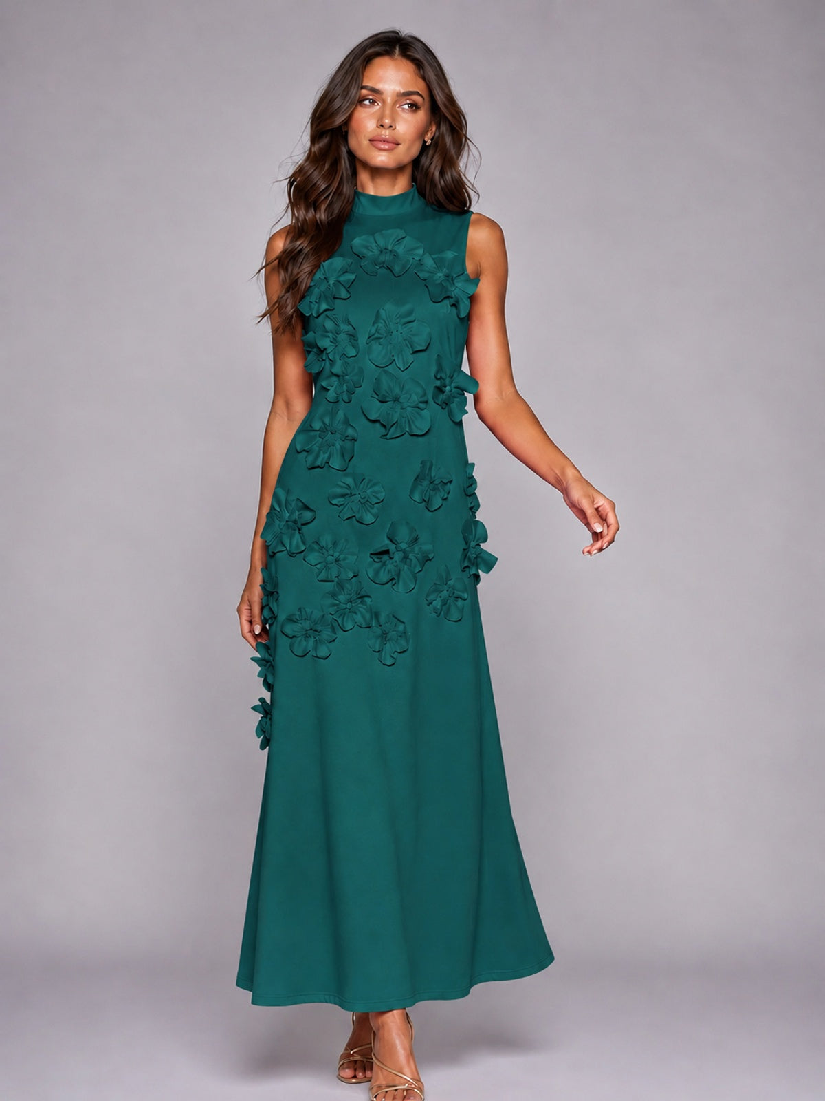 3D Floral Applique High Neck Prom Maxi Dress
