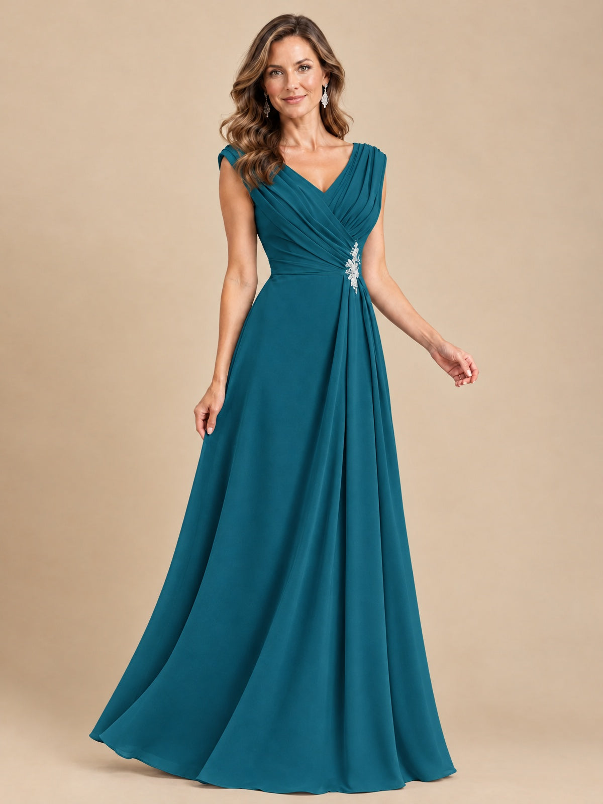 V Neck Pleated Mother of The Bride Dresses with Beading Cap Sleeves