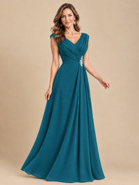V Neck Pleated Mother of The Bride Dresses with Beading Cap Sleeves