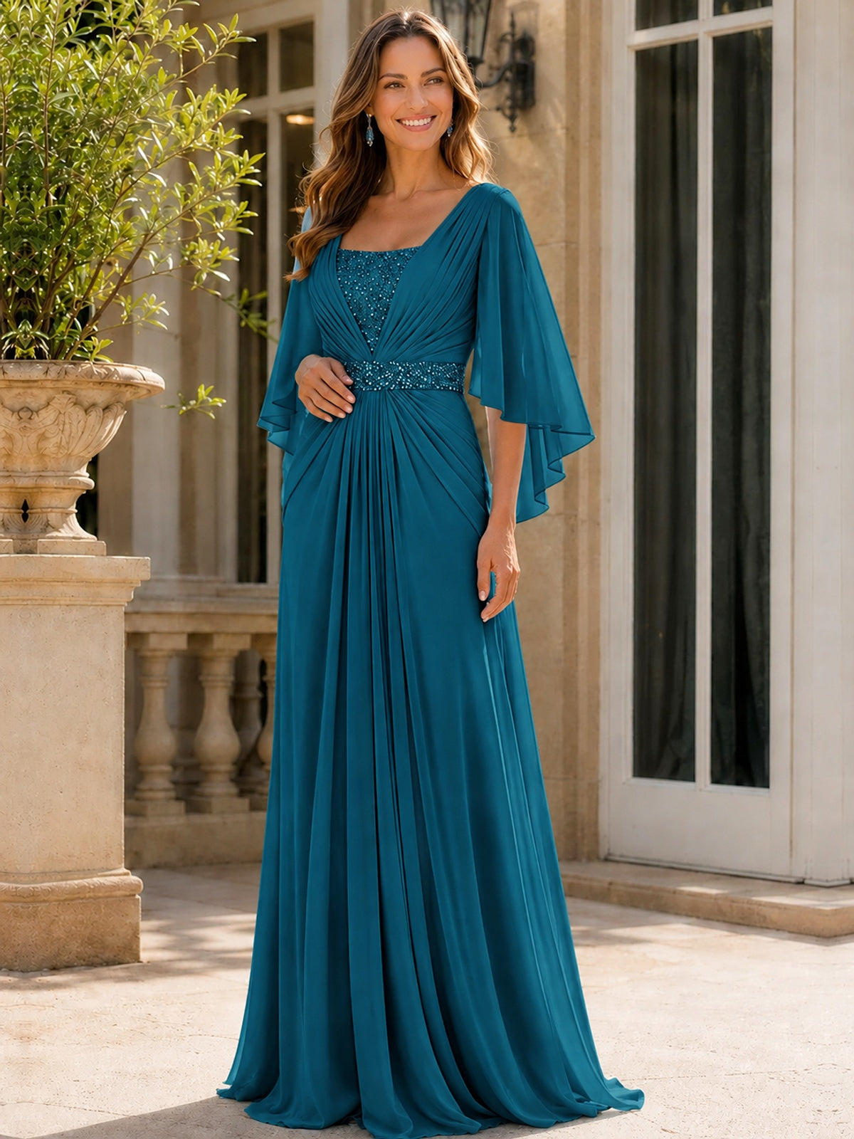 Elegant V-Neck Sequined Chiffon Mother of the Bride Dress with Flutter Sleeves