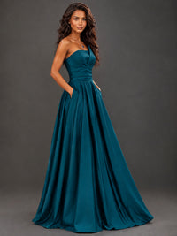 Draped Satin Prom Dress Strapless A-line Formal Dress Floor Length
