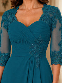 Chiffon Lace Applique Mother of the Bride Dress with 3/4 Sleeves
