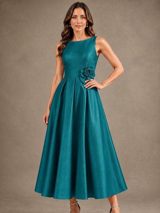 Tea-Length Satin Mother of the Bride Dress with 3D Flower Detail