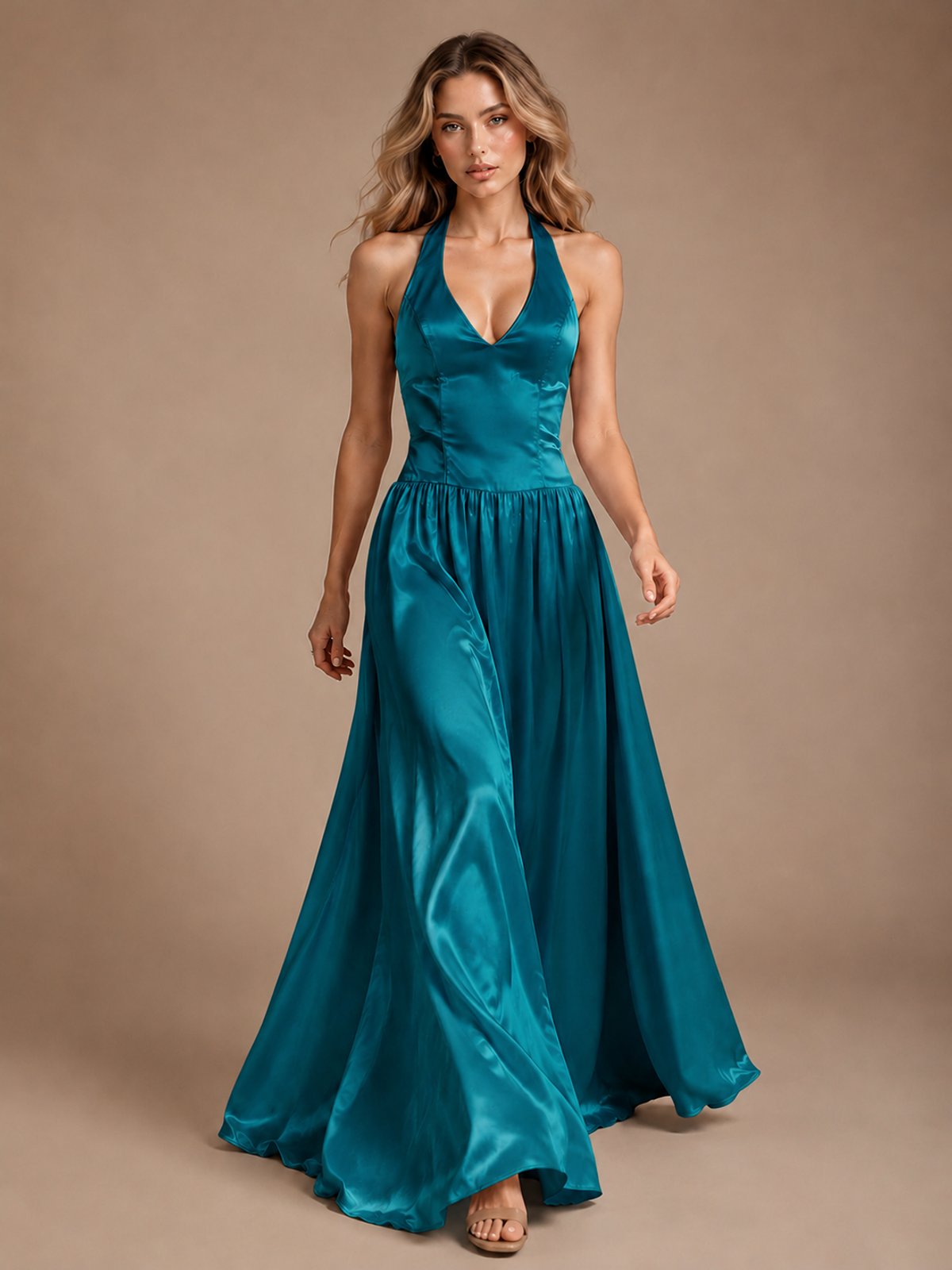 Pink V Neck Halter Satin Maxi Dress