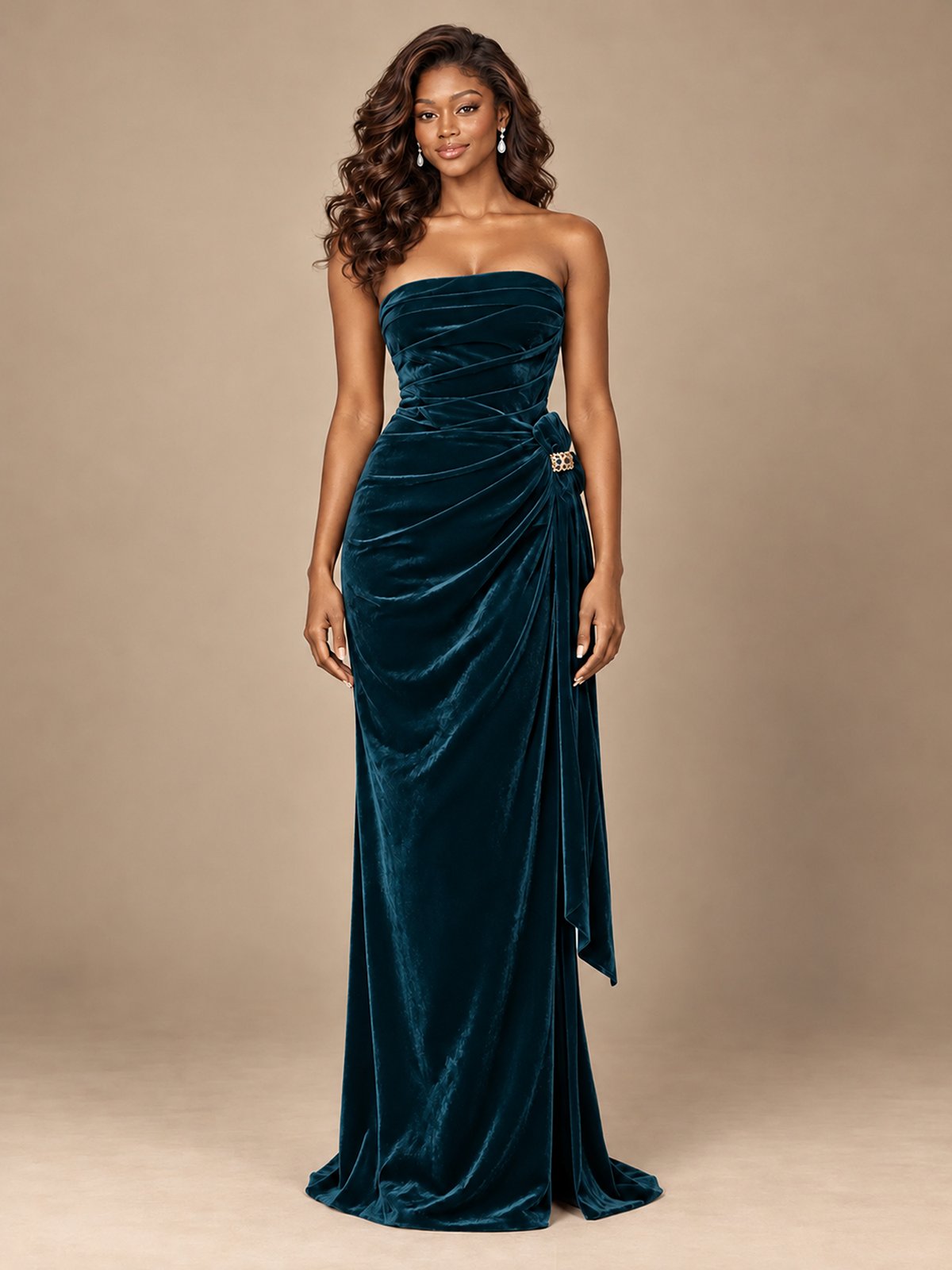 Burgundy Velvet Strapless Ruched Prom Dress with Jeweled Side Drape