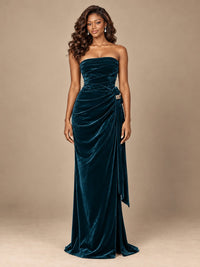 Burgundy Velvet Strapless Ruched Prom Dress with Jeweled Side Drape