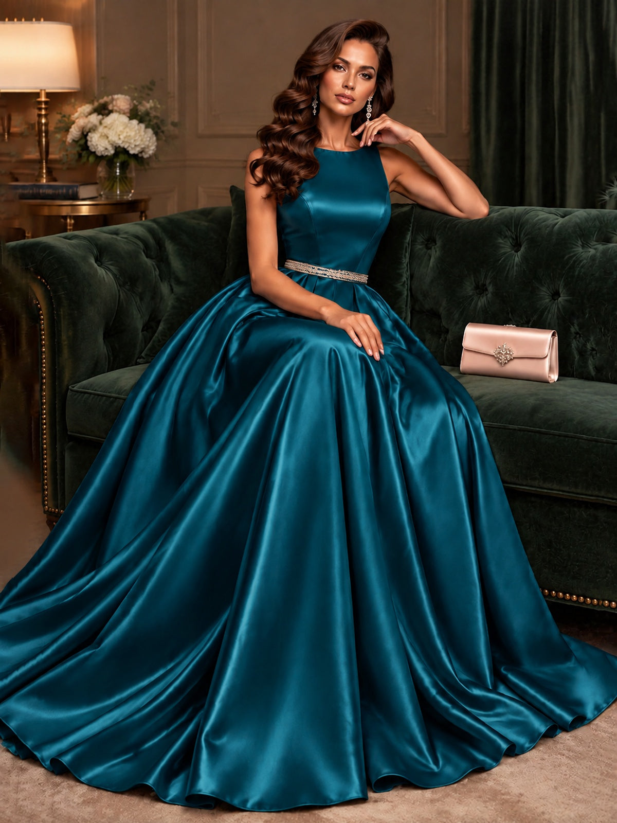 Satin A-Line Prom Dress Sleeveless Beaded Waist Formal Gown with Pockets