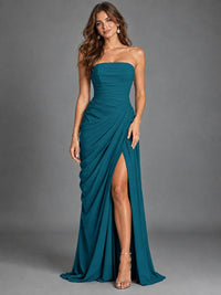 Strapless Bodycon Pleated Chiffon Formal Dress with Slit