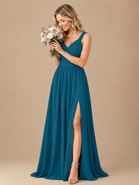 Pleated Chiffon V Neck Wedding Bridesmaid Dresses Floor Length with Slit