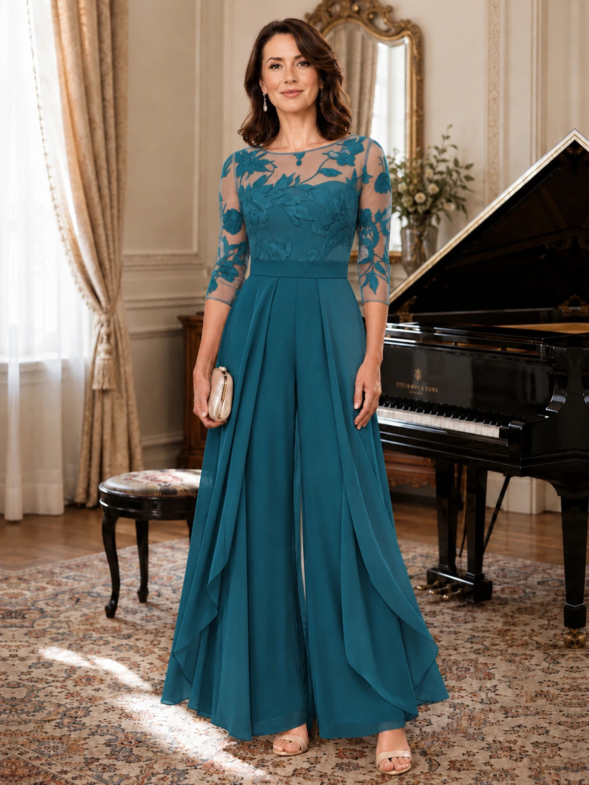 Lace Applique Wide-Leg Chiffon Mother of the Bride Jumpsuit