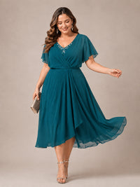 Navy Blue A-Line V-Neck Tea-Length Mother of the Bride Dress