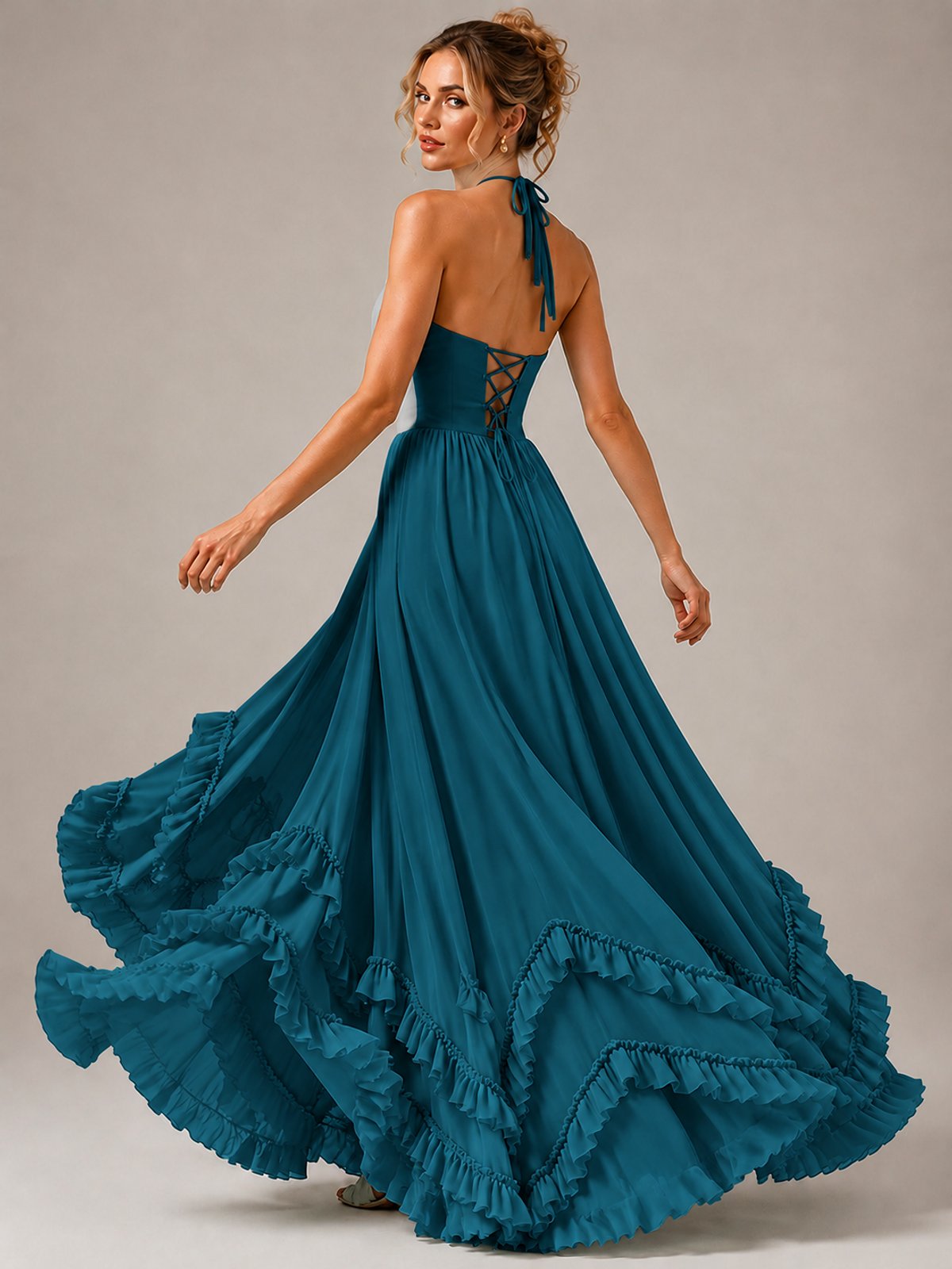 Halter V Neck Chiffon Formal Dress with Lace-Up Back and Ruffle Hem