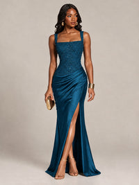 Scoop Neck Sequin Prom Dress with High Slit Satin Formal Gowns