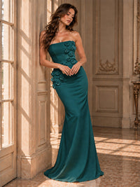 White Strapless Mermaid Maxi Dress with 3D Floral Appliques