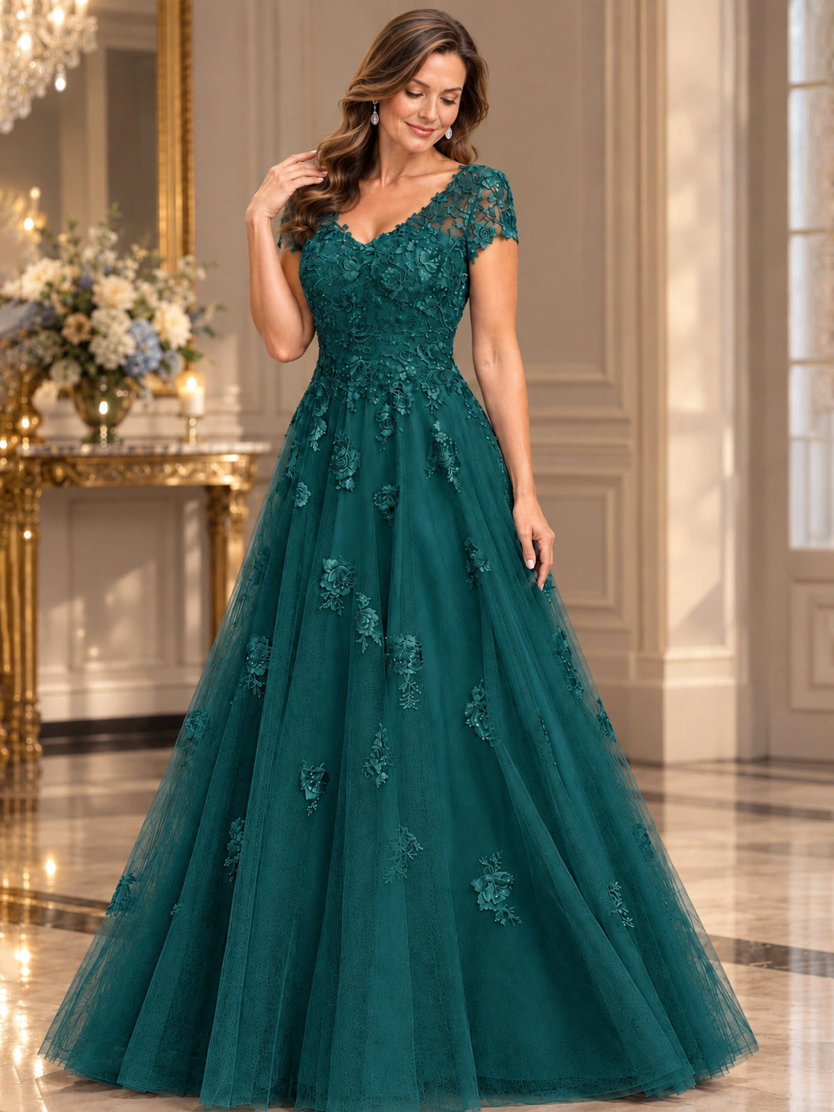 Lace Appliques A-line Mother of The Bride Dresses with Short Sleeves