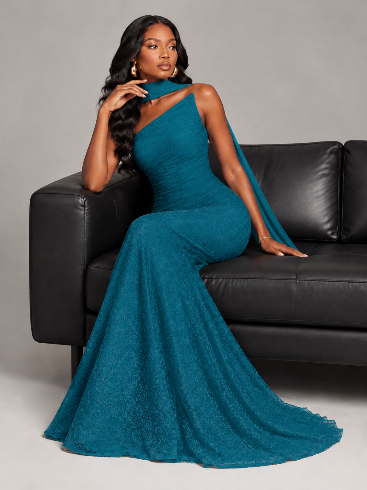 Pleated Chiffon Lace Prom Dresses Long Bodycon Mermaid with Scarf