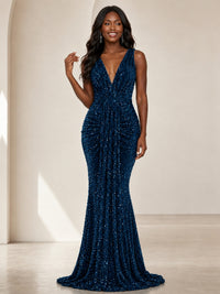 Sequin Mermaid Prom Dress with V-Neck and Ruched Waist