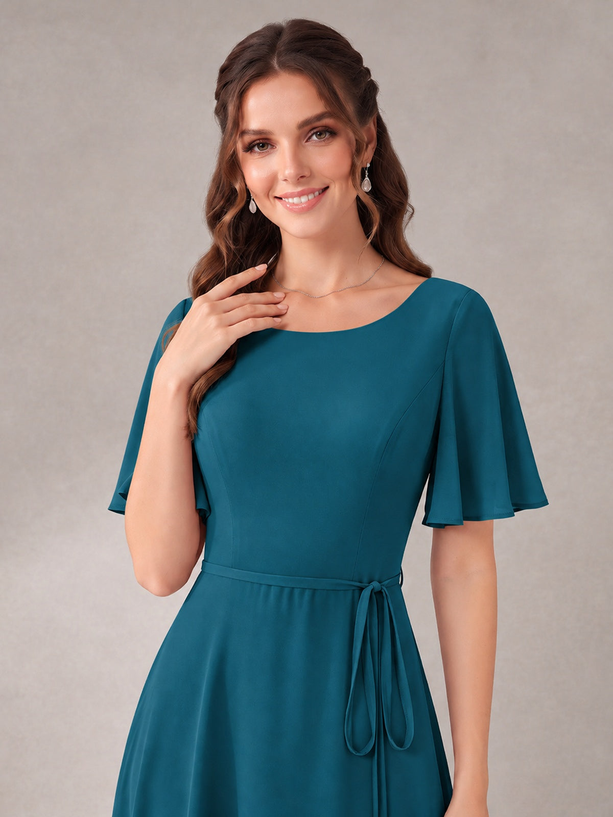 Scoop Neck A-line Chiffon Bridesmaid Dress with Flutter Sleeve & Belt