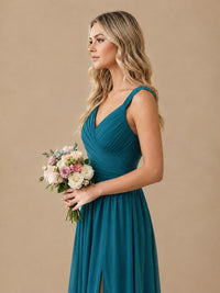 Pleated Chiffon V Neck Wedding Bridesmaid Dresses Floor Length with Slit