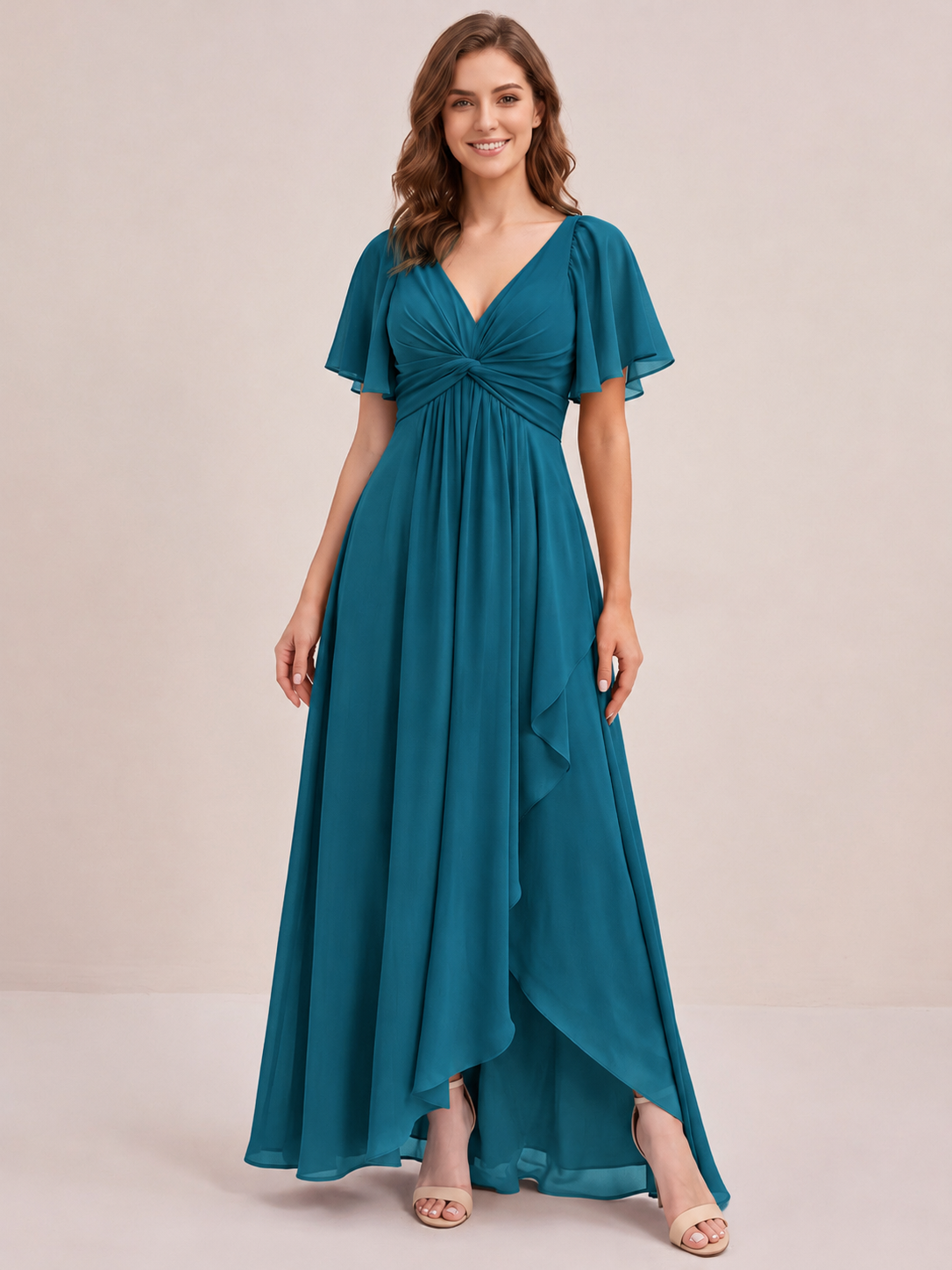 Dusty Blue Chiffon Bridesmaid Dress with Flutter Sleeves & High-Low Hem