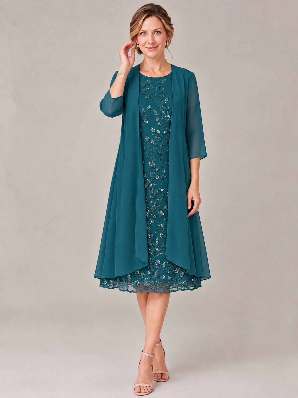Tea Length Sequin Lace Mother of The Bride Dress with Chiffon Jacket