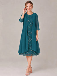 Tea Length Sequin Lace Mother of The Bride Dress with Chiffon Jacket