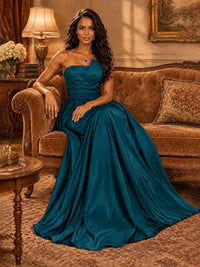 Draped Satin Prom Dress Strapless A-line Formal Dress Floor Length