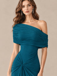 Elegant Draped Off Shoulder Ruched Mermaid Chiffon Formal Evening Gown