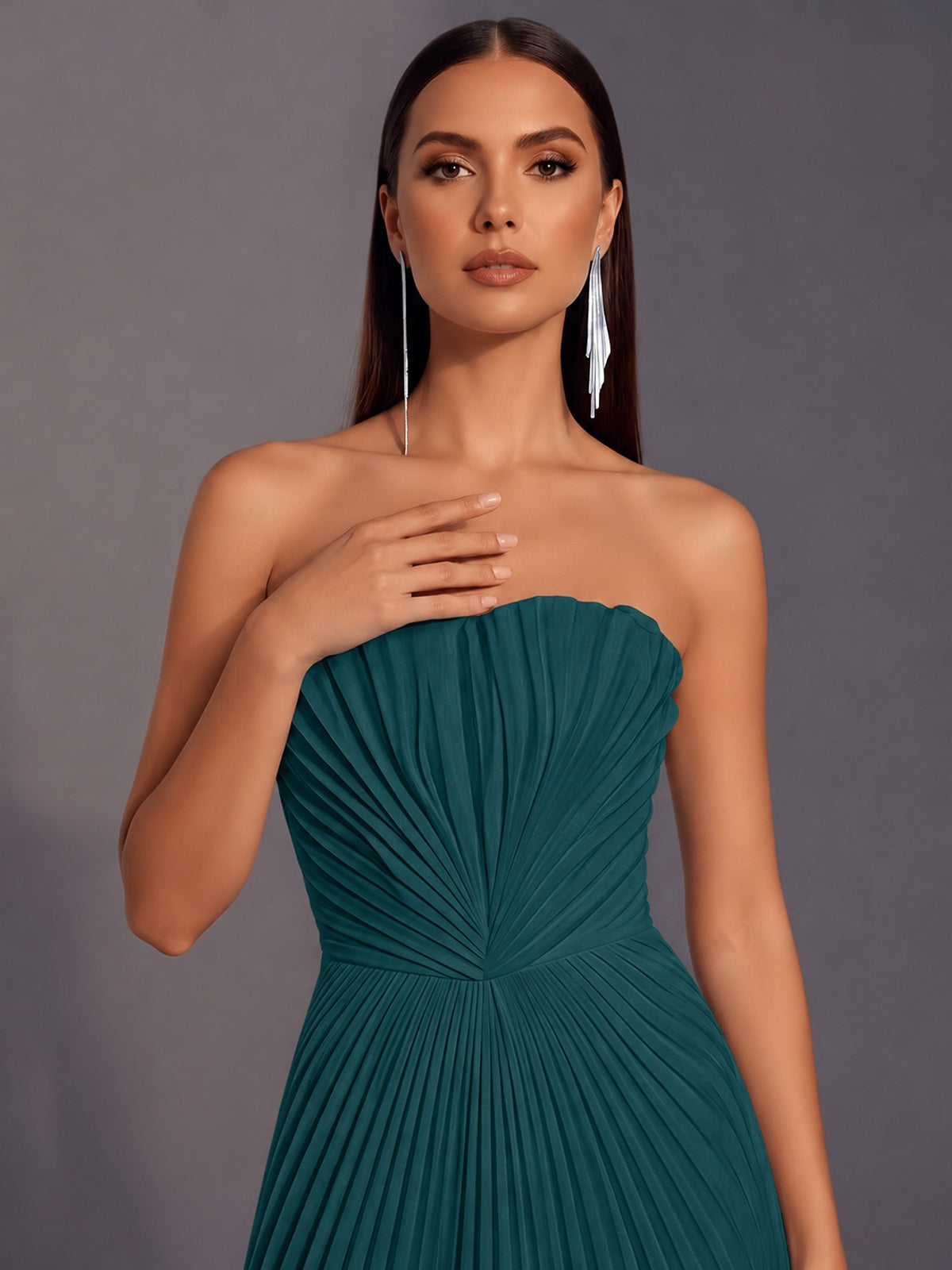 Strapless A-line Long Pleated Satin Prom Dress
