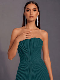 Strapless A-line Long Pleated Satin Prom Dress