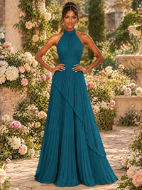 Wrap Pleated Prom Dress Halter A-line Chiffon Formal Wedding Dress