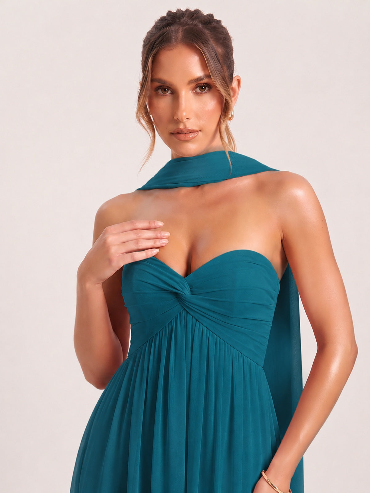 Strapless Ruched Chiffon Long Prom Dress with Scarf