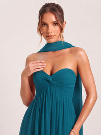 Strapless Ruched Chiffon Long Prom Dress with Scarf